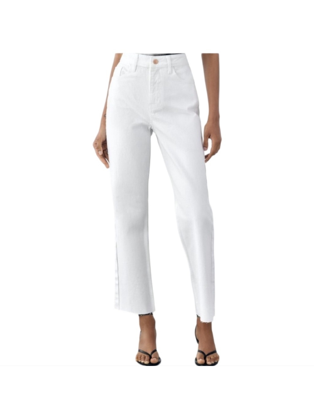 Zara White Straight-Leg Cropped Frayed Hem Jeans